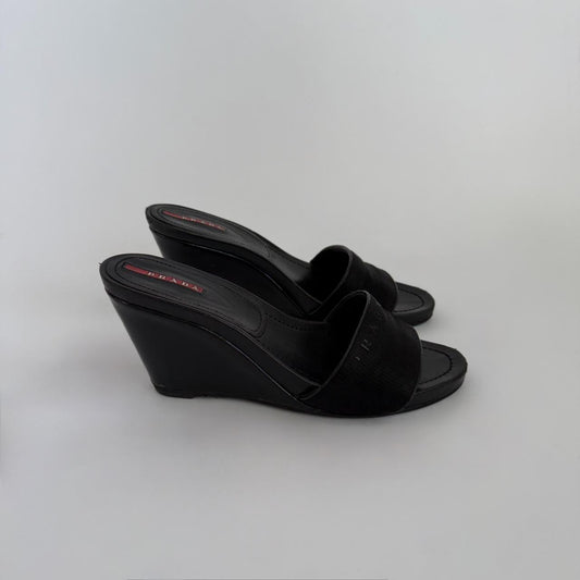 Vintage 90s Prada Sport Linea Rossa Black Wedge Mules