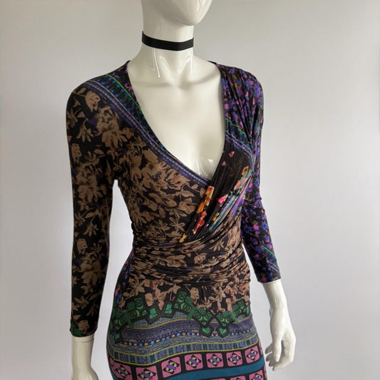 Etro Vintage 2000s Ruched Plunging Jersey Dress