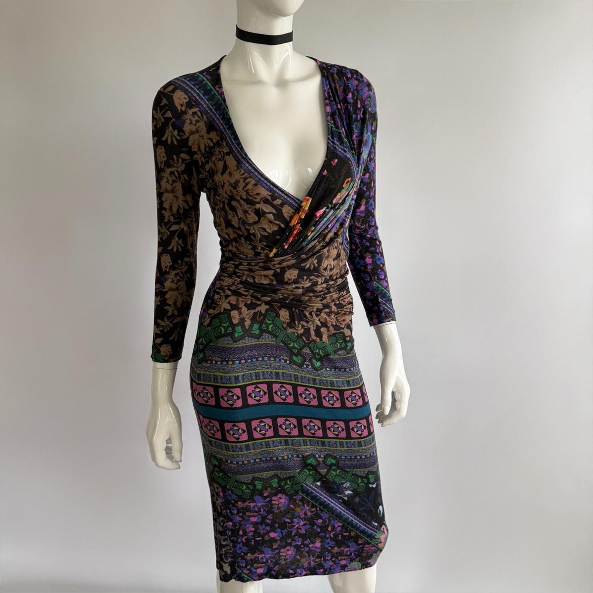 Etro Vintage 2000s Ruched Plunging Jersey Dress
