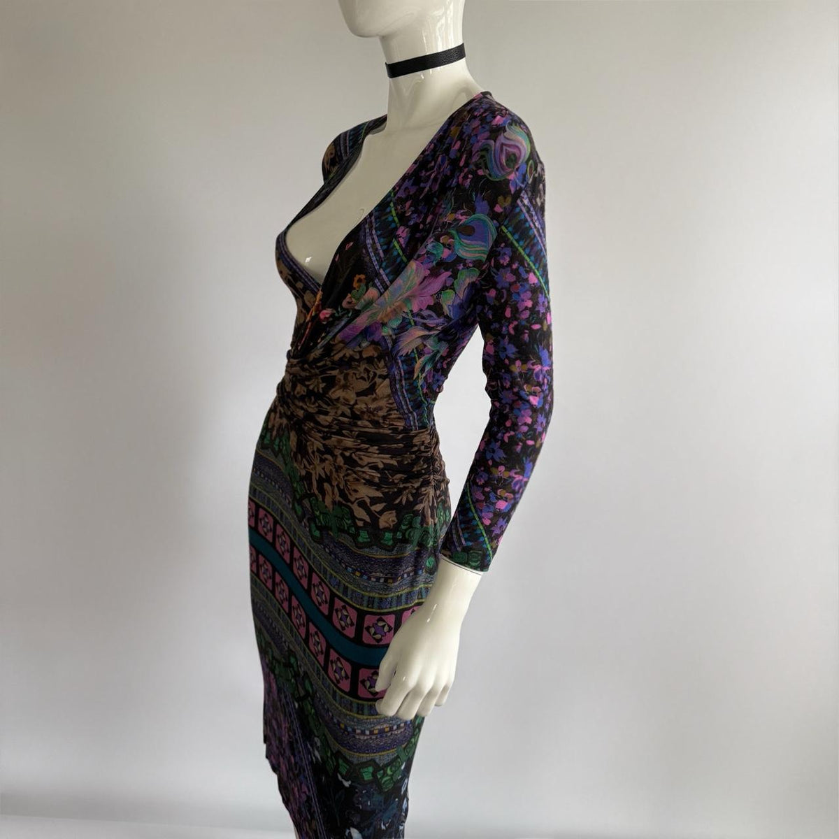Etro Vintage 2000s Ruched Plunging Jersey Dress