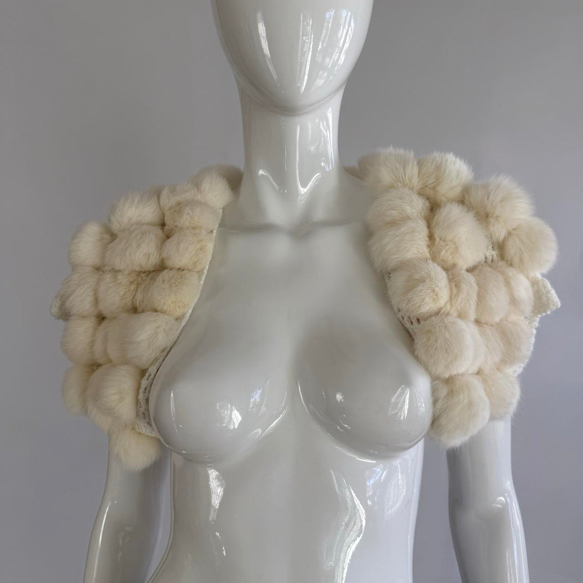 Vintage Real Rabbit Fur and Crochet Pom Pom Bolero