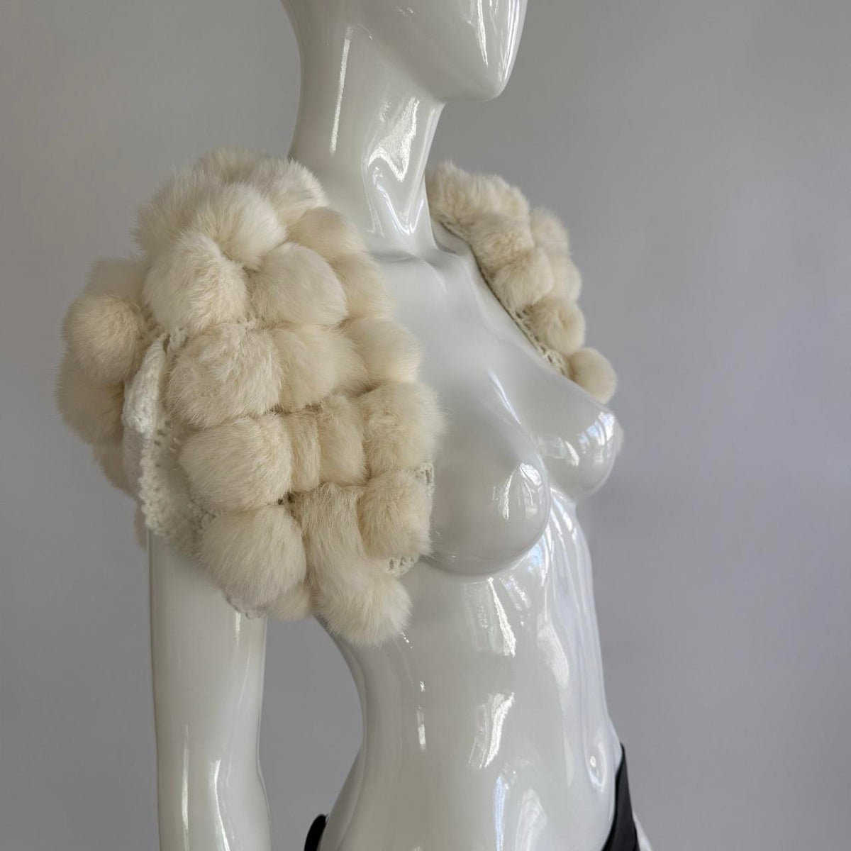 Vintage Real Rabbit Fur and Crochet Pom Pom Bolero