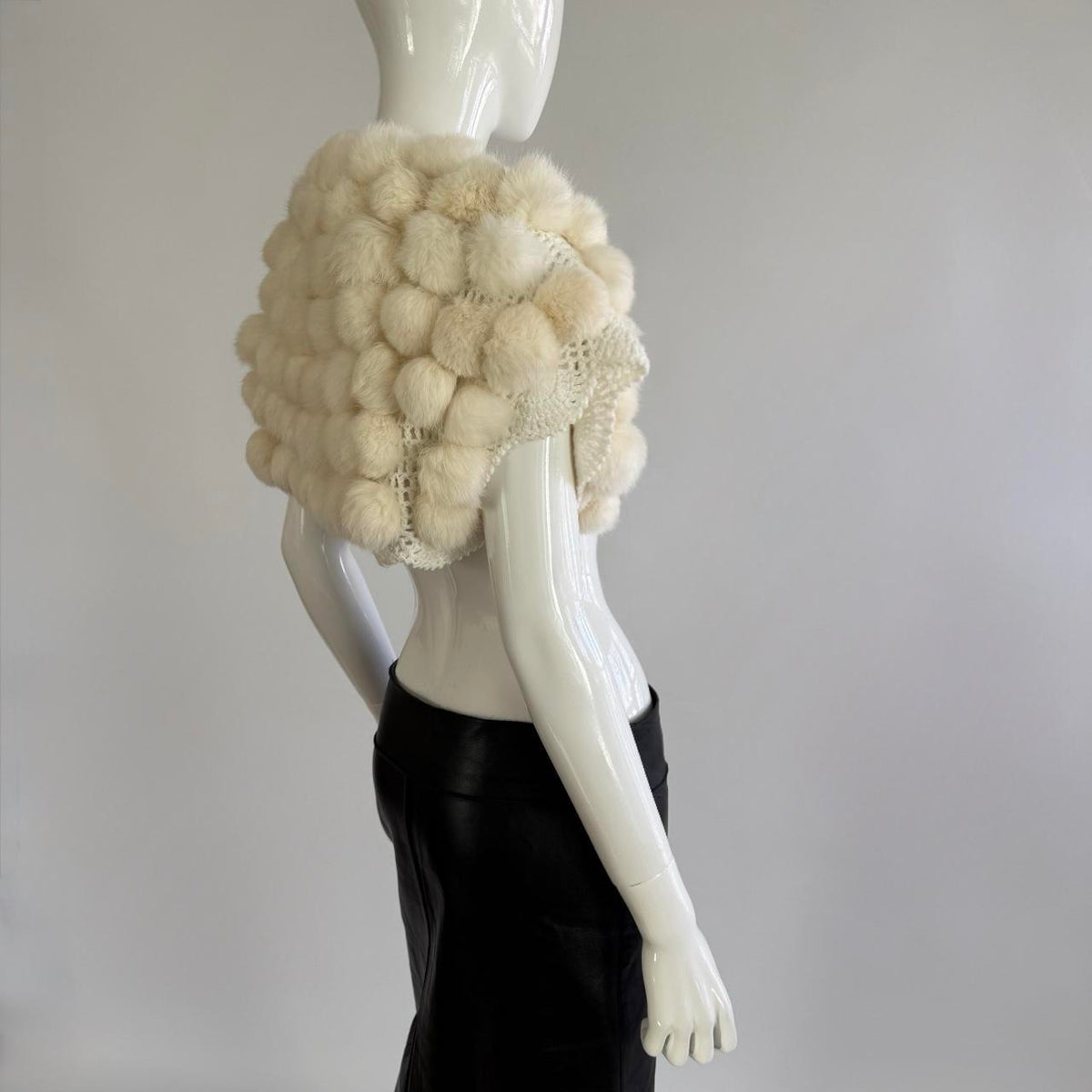 Vintage Real Rabbit Fur and Crochet Pom Pom Bolero