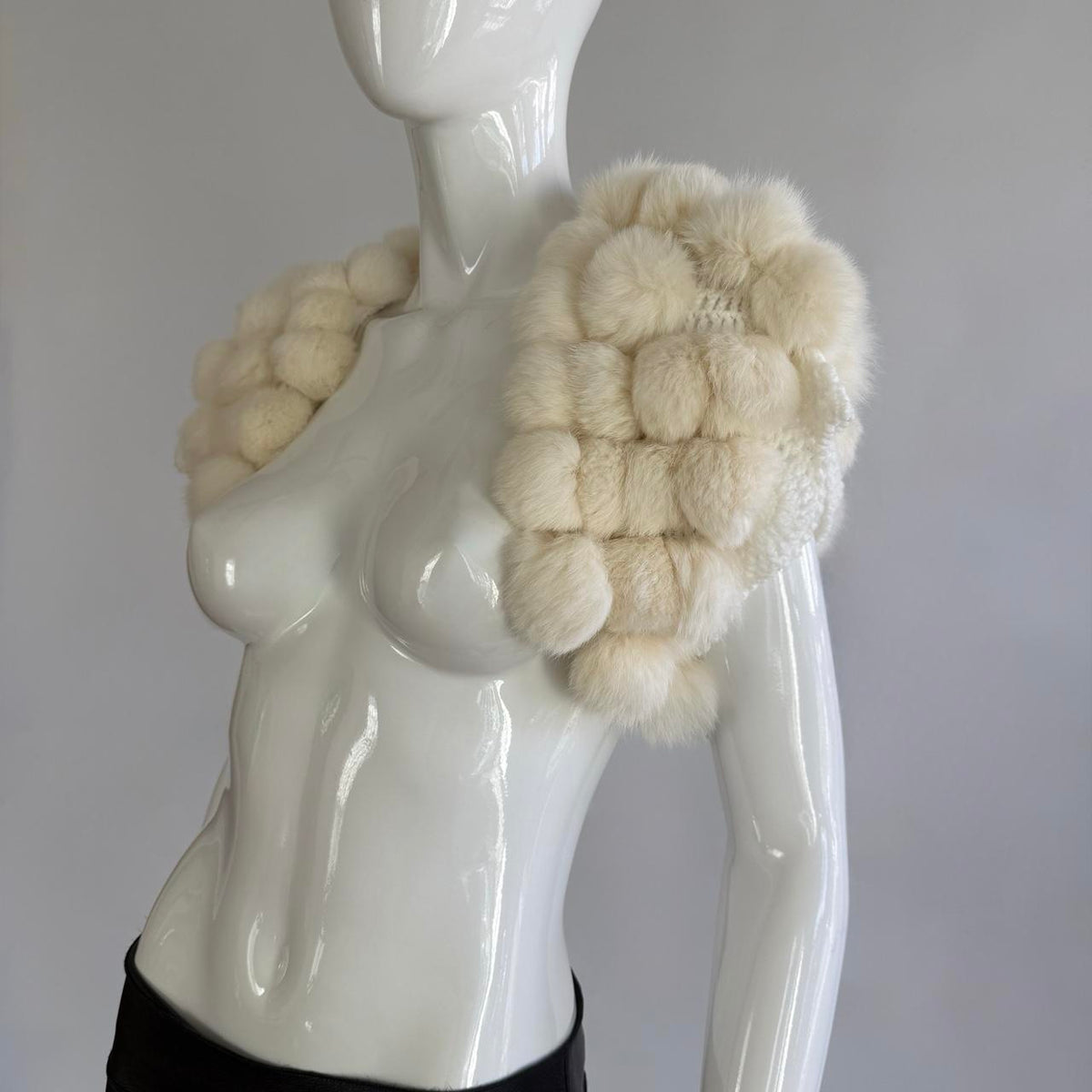 Vintage Real Rabbit Fur and Crochet Pom Pom Bolero