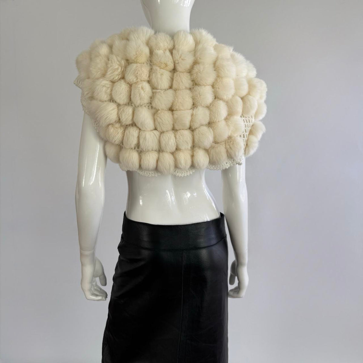 Vintage Real Rabbit Fur and Crochet Pom Pom Bolero