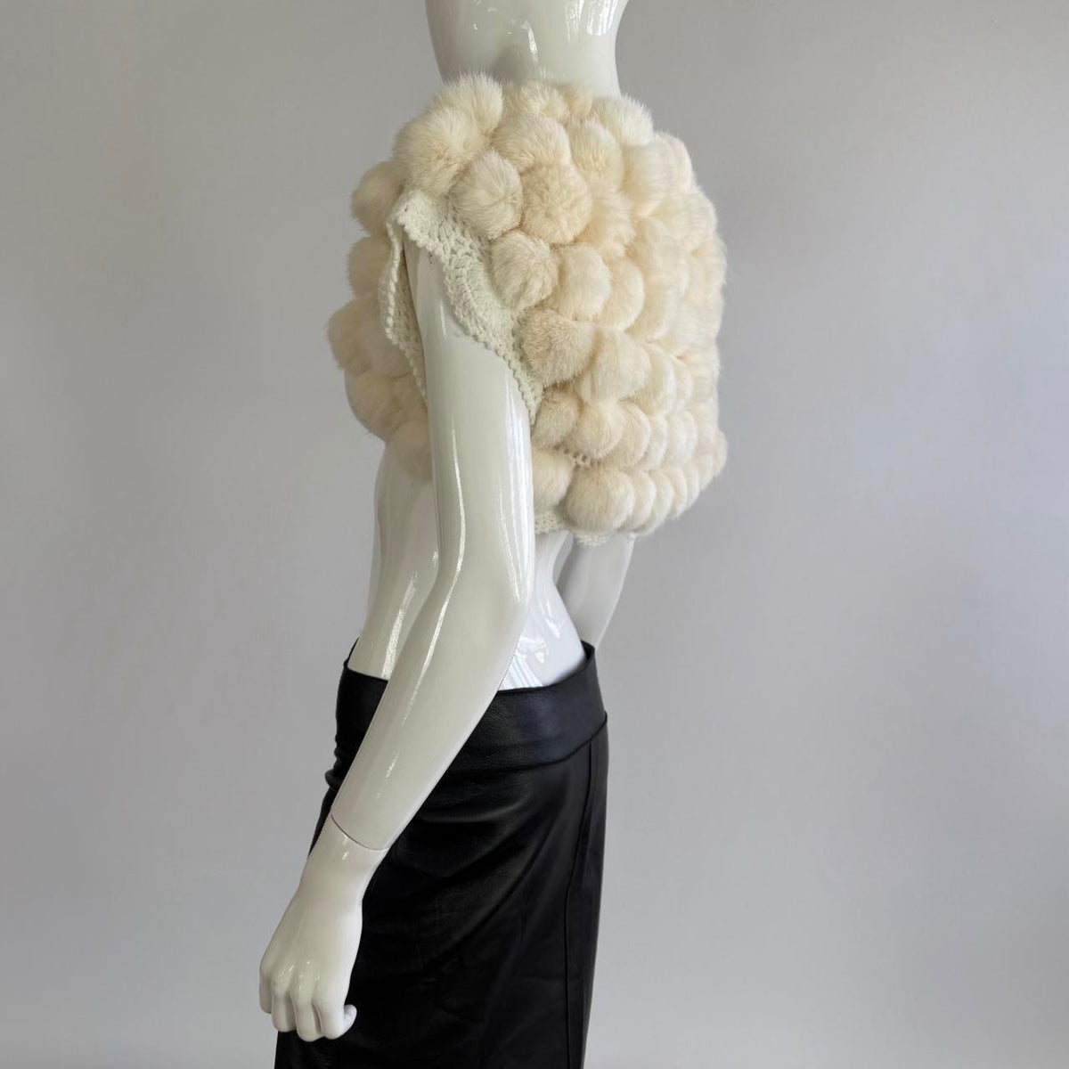 Vintage Real Rabbit Fur and Crochet Pom Pom Bolero