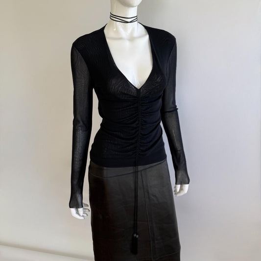 Vivienne Tam Archival Sheer Black Mesh Gathered Front Tassels Top