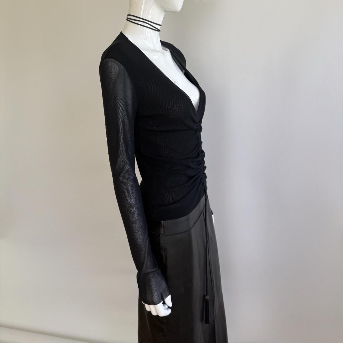 Vivienne Tam Archival Sheer Black Mesh Gathered Front Tassels Top