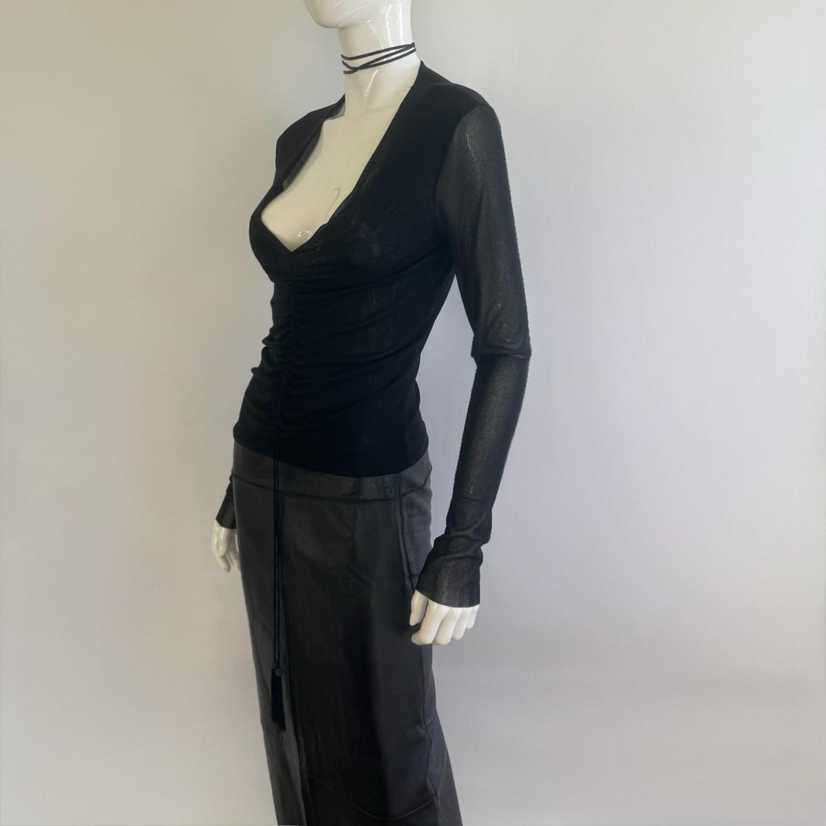 Vivienne Tam Archival Sheer Black Mesh Gathered Front Tassels Top