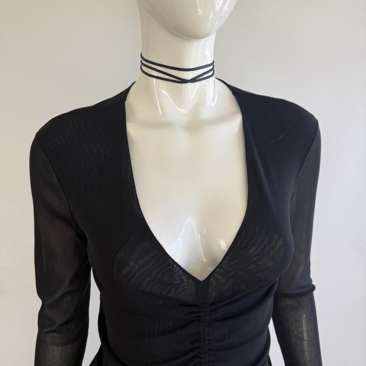 Vivienne Tam Archival Sheer Black Mesh Gathered Front Tassels Top