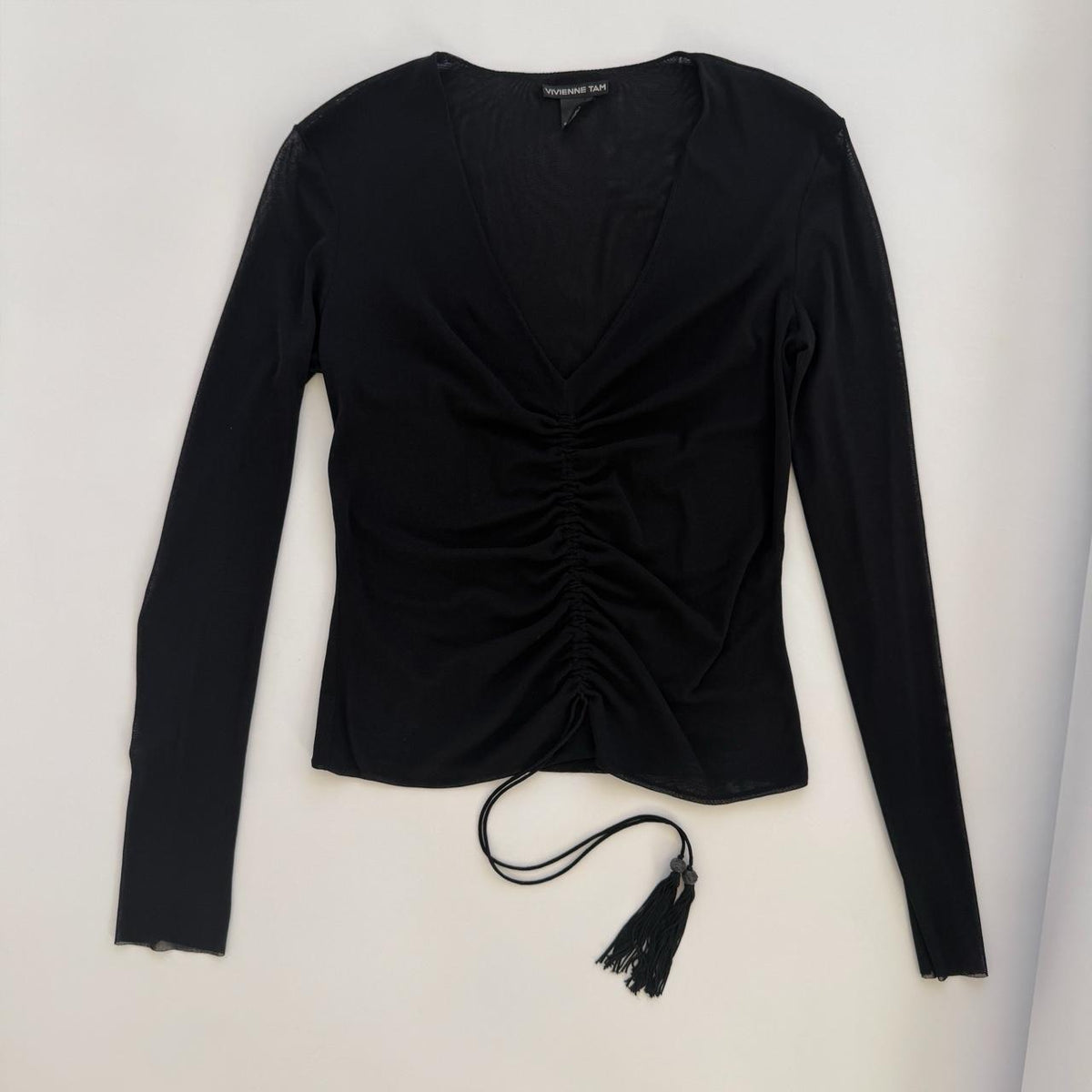 Vivienne Tam Archival Sheer Black Mesh Gathered Front Tassels Top