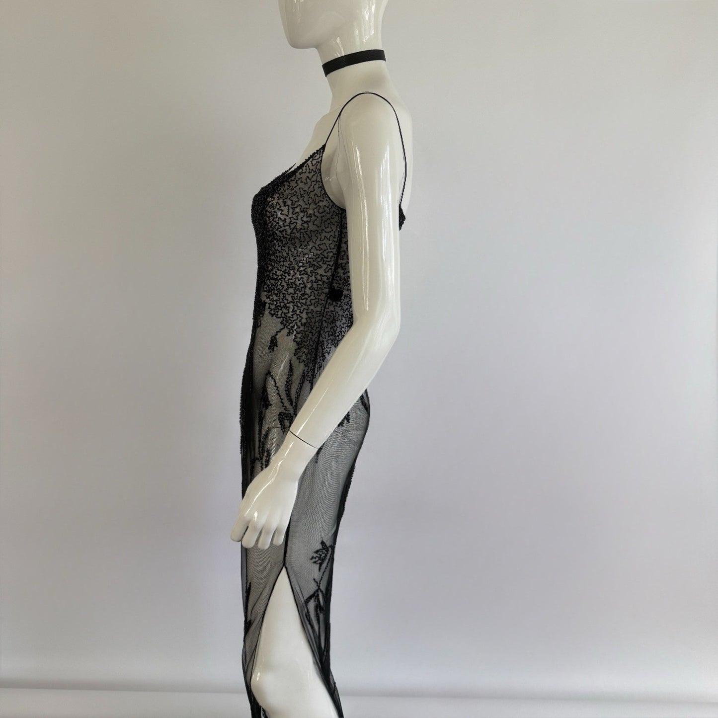 Vintage 90s Sheer Beaded Mesh Maxi Slip Dress