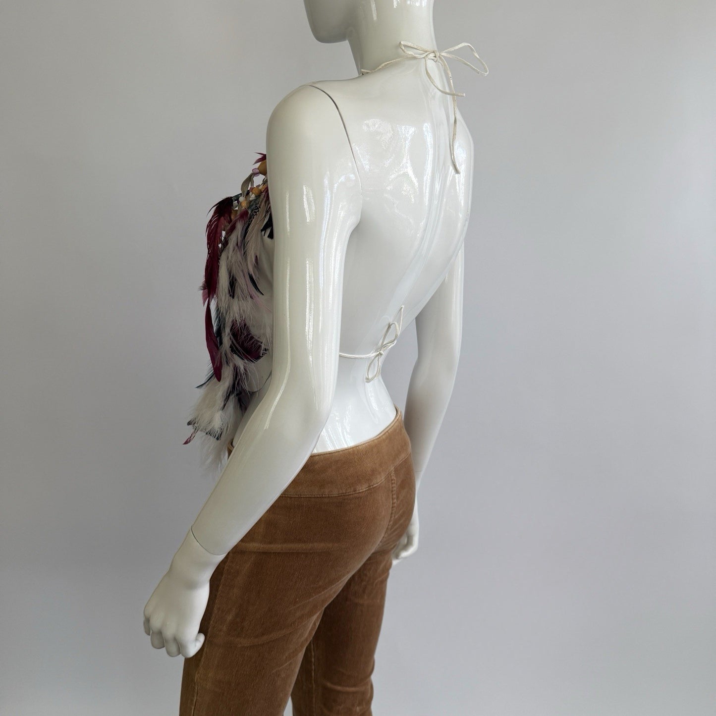 Vintage 1970s Artisian Leather Feather Beaded Halter Top