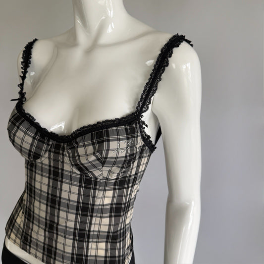 Vintage Blugirl Blumarine Plaid Lace-Trim Bustier Top
