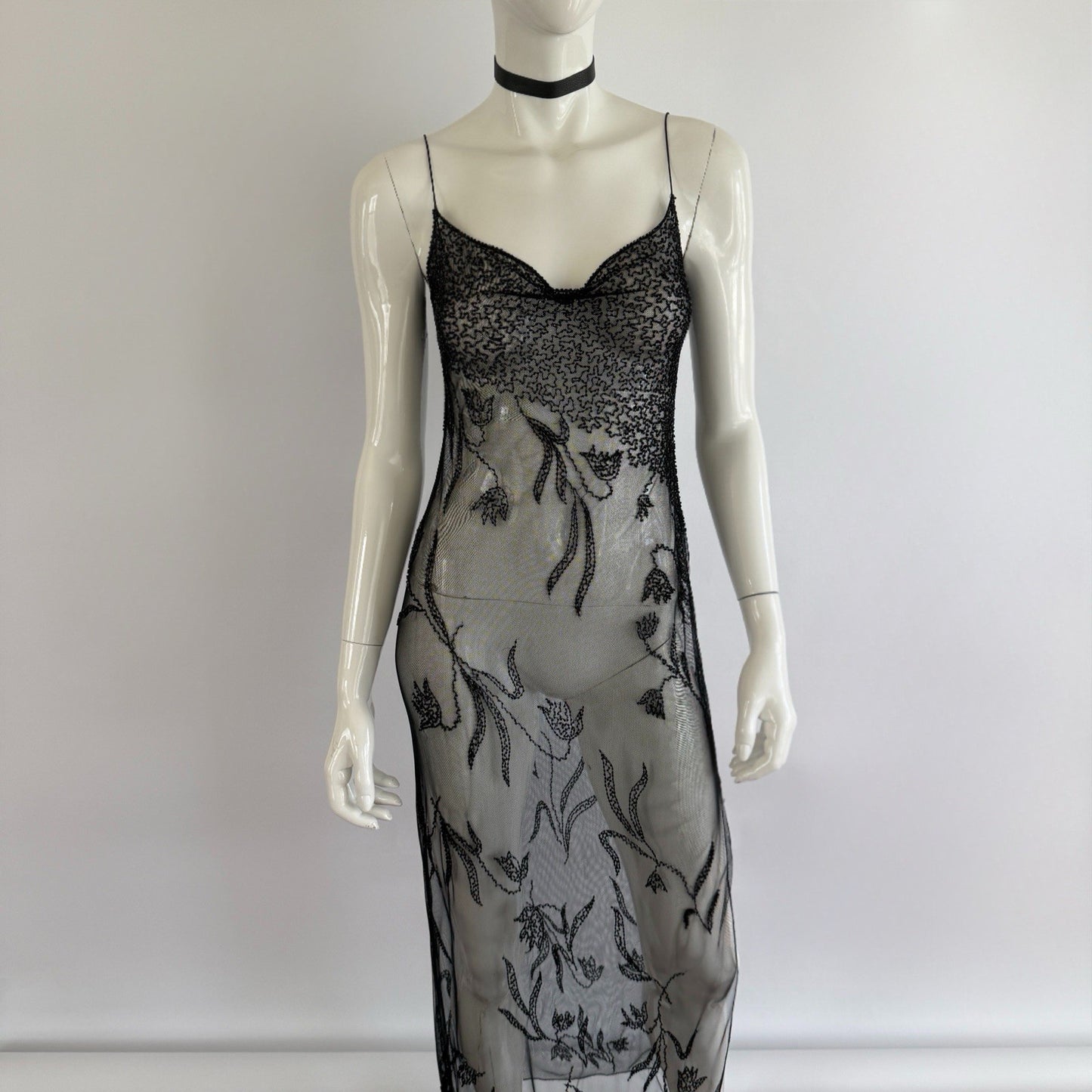 Vintage 90s Sheer Beaded Mesh Maxi Slip Dress
