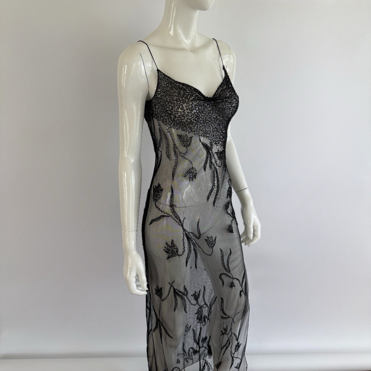 Vintage 90s Sheer Beaded Mesh Maxi Slip Dress