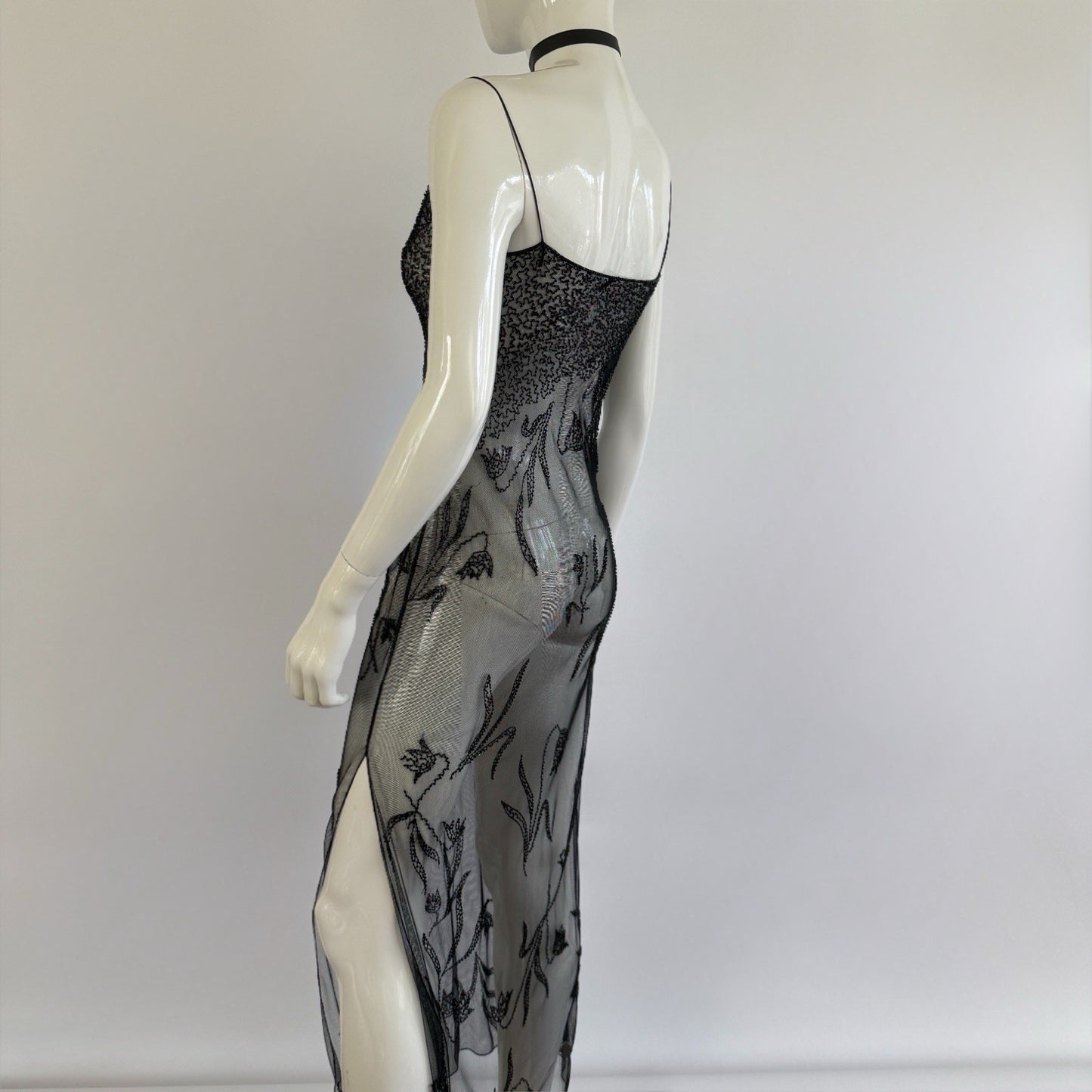 Vintage 90s Sheer Beaded Mesh Maxi Slip Dress
