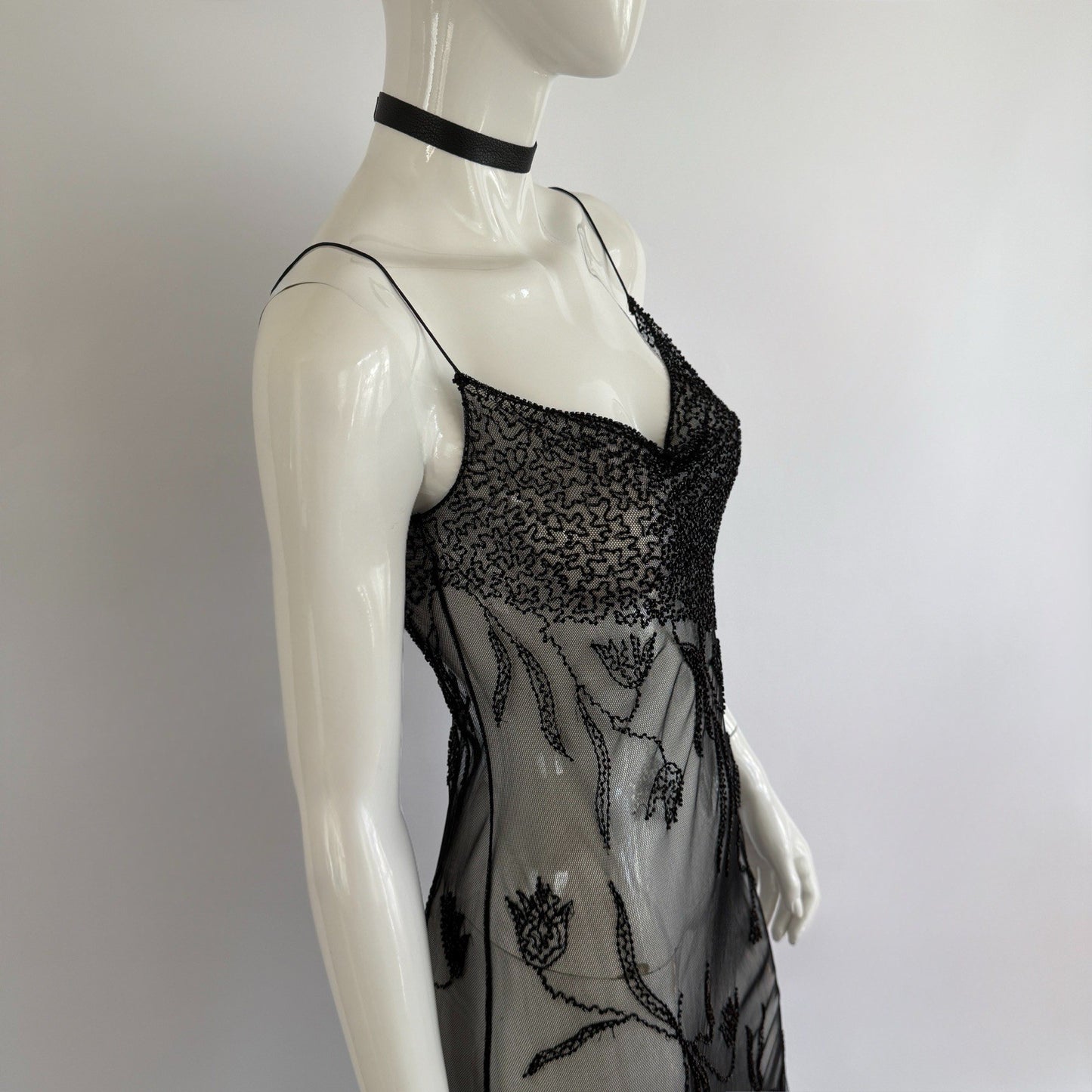 Vintage 90s Sheer Beaded Mesh Maxi Slip Dress