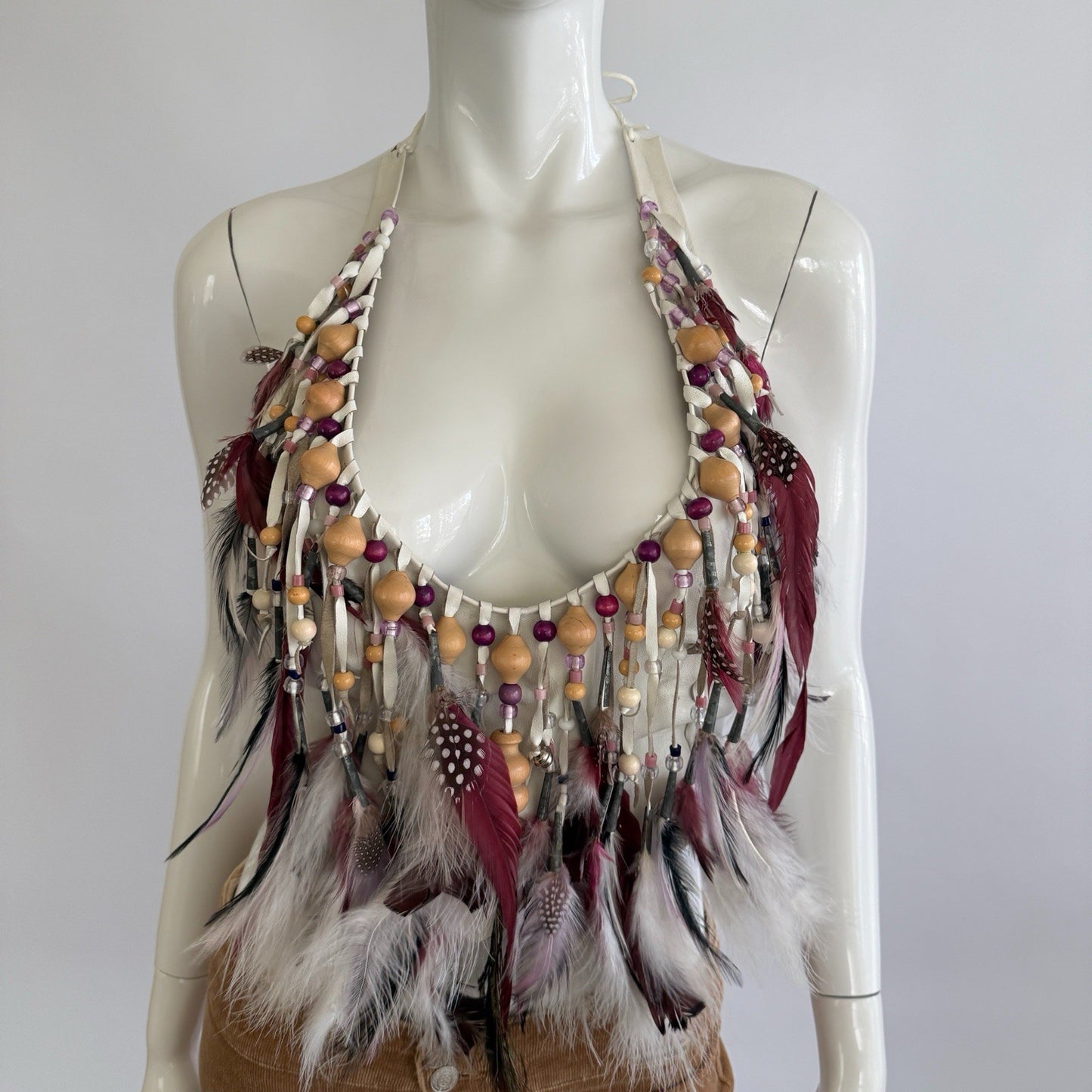 Vintage 1970s Artisian Leather Feather Beaded Halter Top