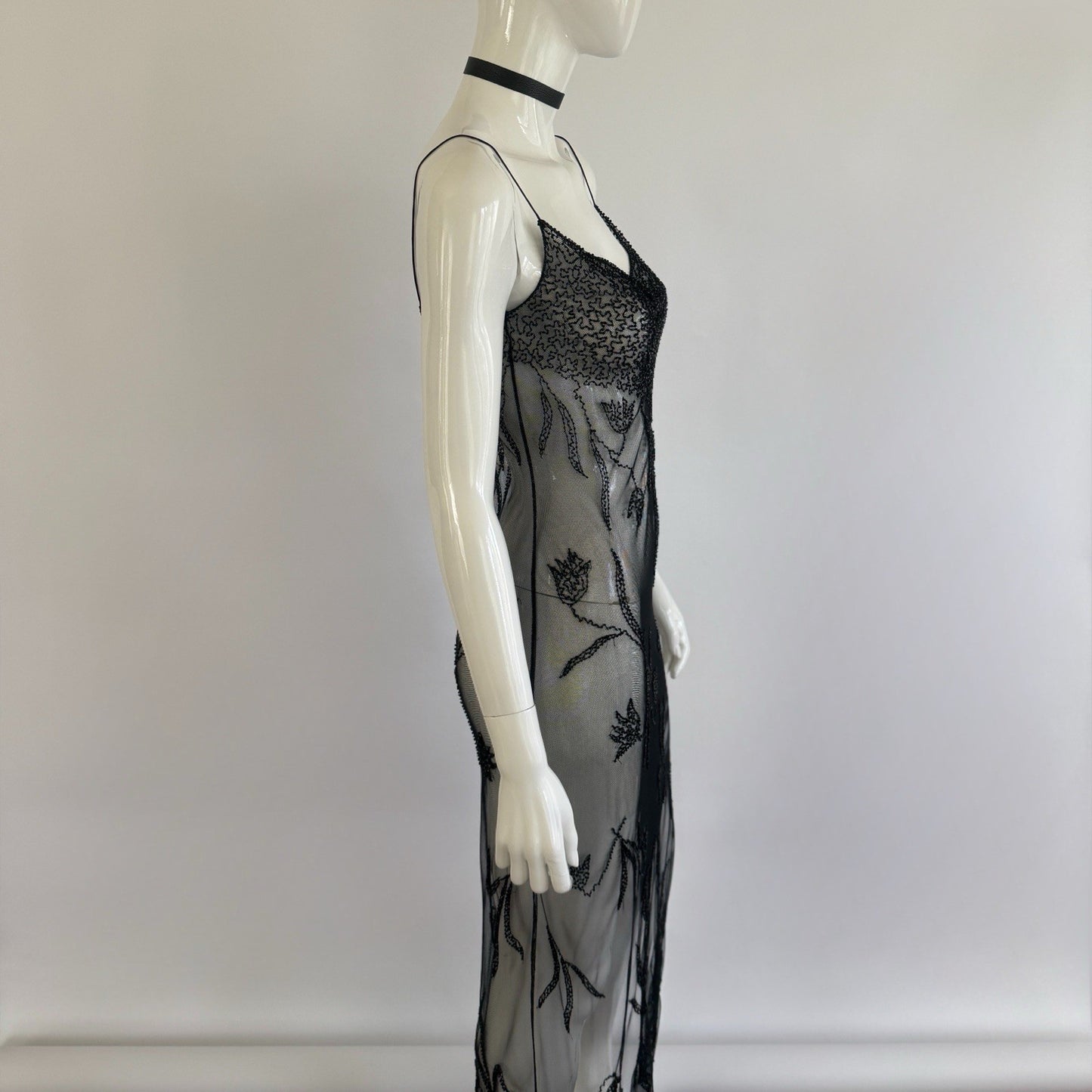 Vintage 90s Sheer Beaded Mesh Maxi Slip Dress