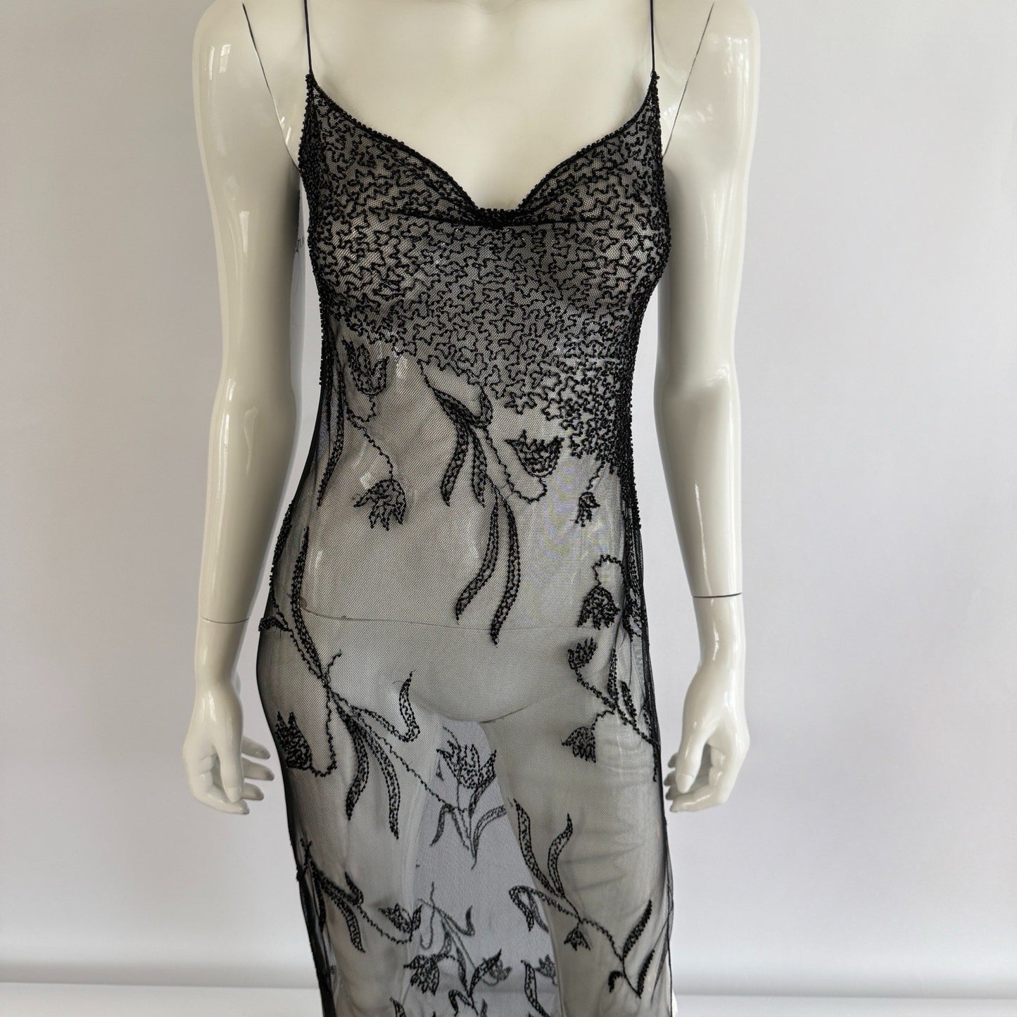 Vintage 90s Sheer Beaded Mesh Maxi Slip Dress