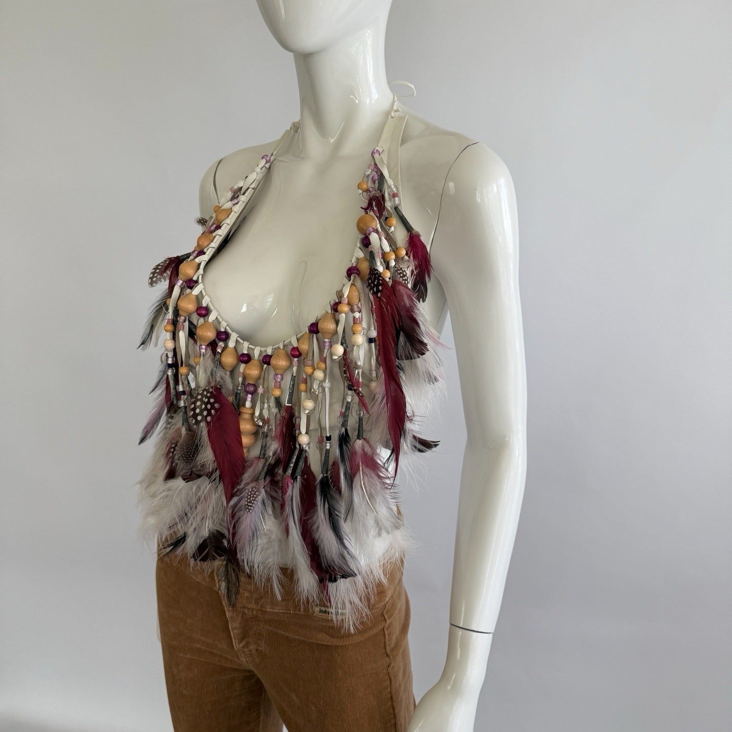 Vintage 1970s Artisian Leather Feather Beaded Halter Top