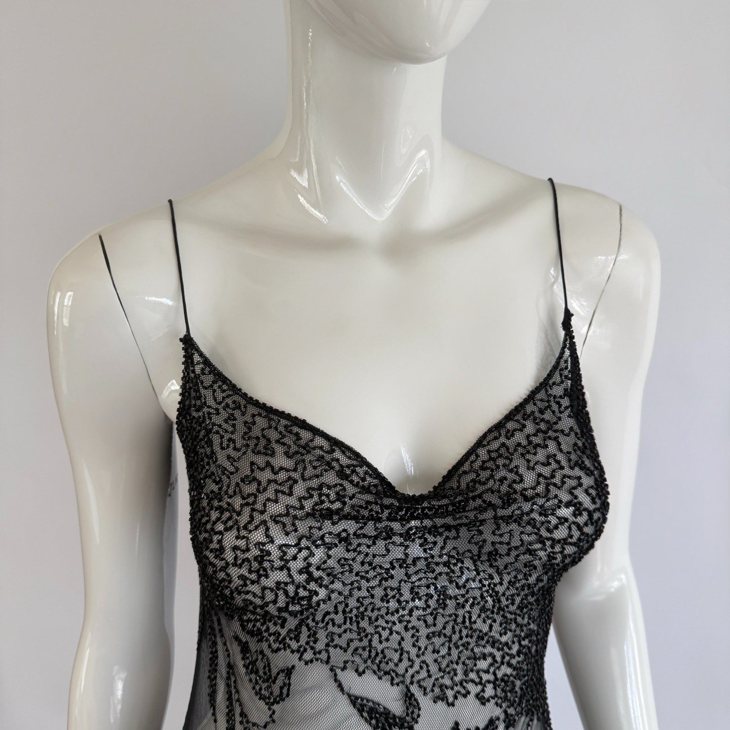 Vintage 90s Sheer Beaded Mesh Maxi Slip Dress