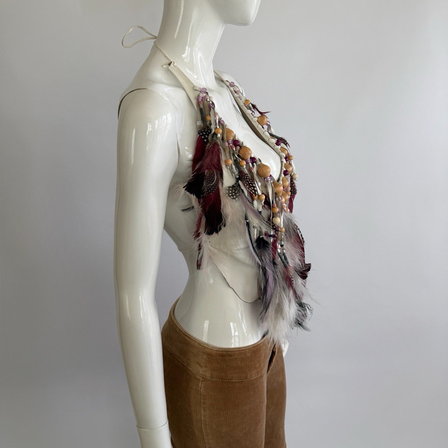Vintage 1970s Artisian Leather Feather Beaded Halter Top