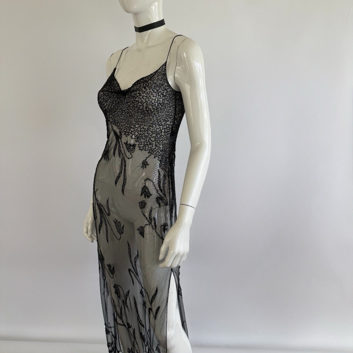 Vintage 90s Sheer Beaded Mesh Maxi Slip Dress