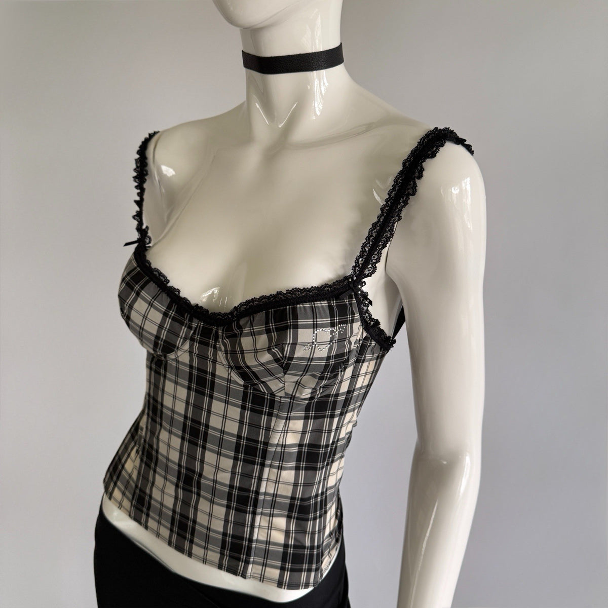 Vintage Blugirl Blumarine Plaid Lace-Trim Bustier Top