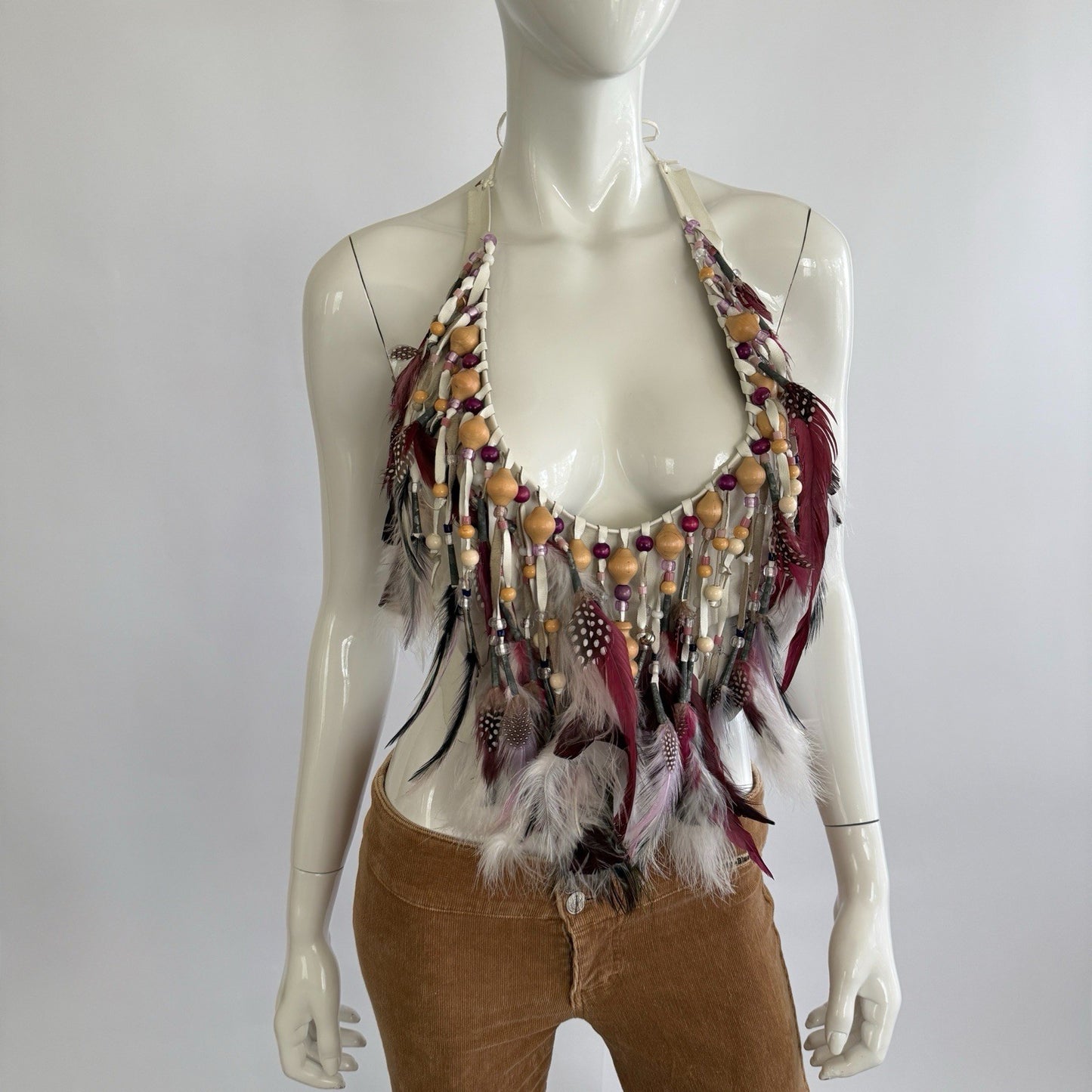Vintage 1970s Artisian Leather Feather Beaded Halter Top