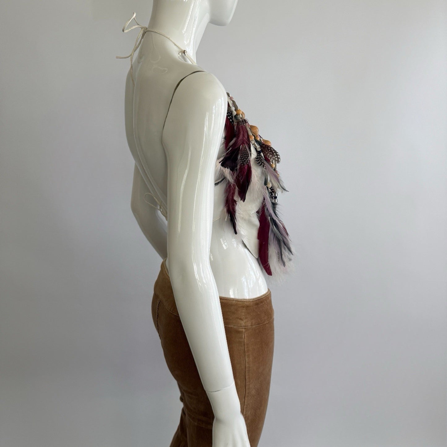 Vintage 1970s Artisian Leather Feather Beaded Halter Top