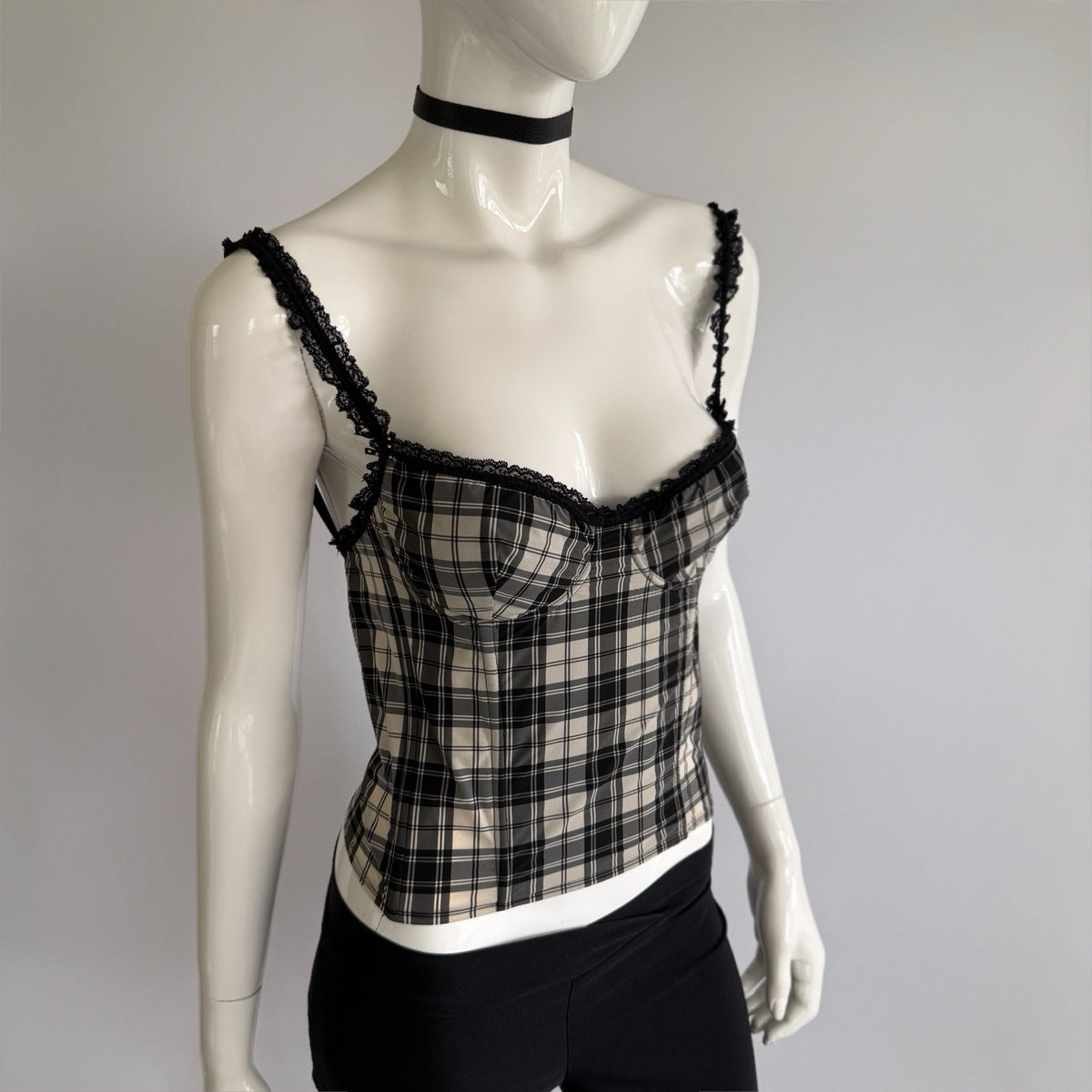 Vintage Blugirl Blumarine Plaid Lace-Trim Bustier Top